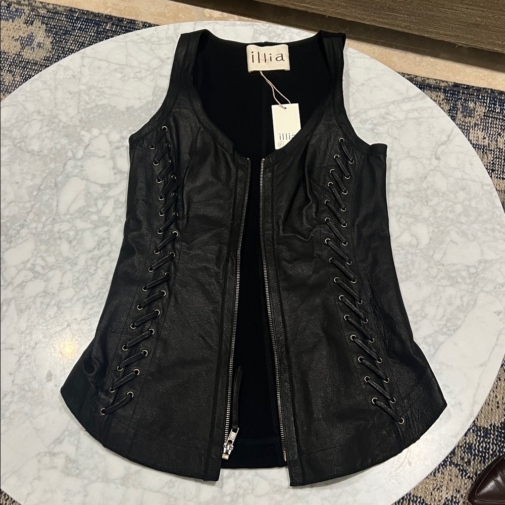illia Black Leather Laced Up Vest.  2   NWT